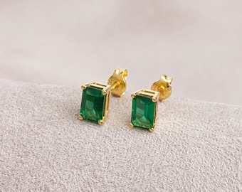 Smaragd Rechteck Ohrstecker 14K Solid Gold Birthstone Schmuck Geschenk für Muttertag Frau Freundin Weihnachten