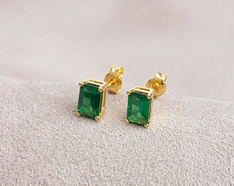 Rectangle Emerald Earring, 14K Solid Gold Earring, Birthstone, Perfect Gift for Mother's Day - Girlfriend - Wife