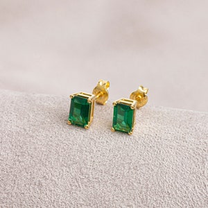 Rectangle Emerald Earring, 14K Solid Gold Earring, Birthstone, Perfect Gift for Mother's Day - Girlfriend - Wife