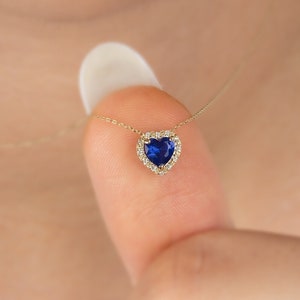 14K Gold Heart Necklace with Real Diamond and Sapphire - Minimalist Love Heart, Perfect Gift for Mother's Day - Girlfriend - Wife