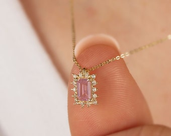 Genuine Diamond Rectangle Pink Tourmaline Necklace, 14K Solid Gold, Birthstone Minimalist Necklace, Perfect Gift for Mother's Day - Wife