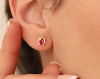 Stud 14K 10K Solid Gold Real Diamond Ruby Drop Earring, July Birthstone Earrings