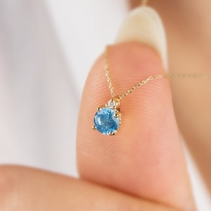 Real Diamond Round Aquamarine Necklace, 14K Solid Gold Minimalist Birthstone Necklace, Perfect Gift for Mother&#39;s Day - Girlfriend - Wife