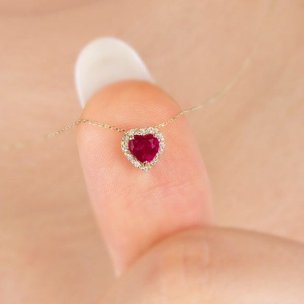 Echte Diamant Rubin Herz Halskette, 14K Massivgold, Minimalistische Liebe Herz Halskette, Perfektes Geschenk für Muttertag - Freundin - Frau