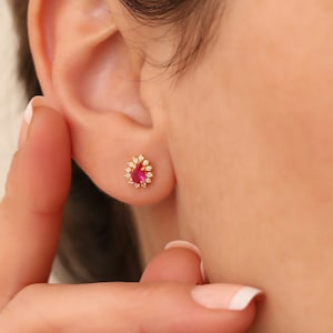 Drop Real Diamond Ruby Stud Earring, 14K Solid Gold, July Birthstone, Perfect Gift for Mother's Day - Girlfriend - Wife