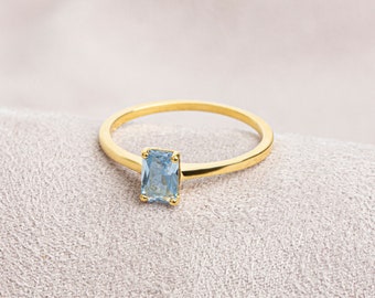 Rectangle Aquamarine Ring 14K Solid Gold, Birthstone Real Gold Birthstone Aquamarine Ring, Perfect Gift for Mother's Day - Girlfriend - Wife