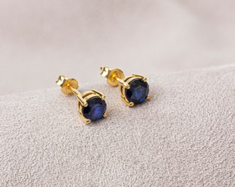 Round Sapphire Earring 14K Solid Gold, Birthstone Gift Earring, Sapphire Jewelry, Perfect Gift for Mother's Day - Girlfriend - Wife