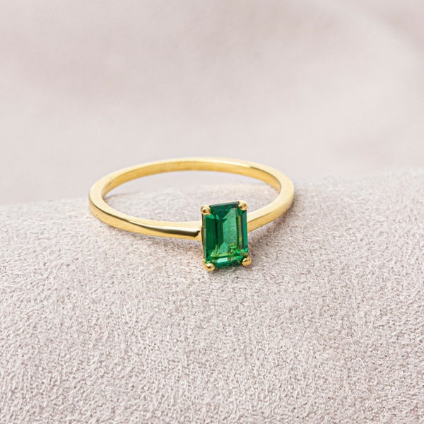 Rectangle Emerald Ring 14K 10K 8K Solid Gold, Mother's Day - Christmas - Birthday Gift