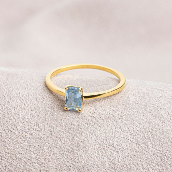 Rectangle Aquamarine Ring 14K Solid Gold, Birthstone Real Gold Birthstone Aquamarine Ring, Perfect Gift for Mother's Day - Girlfriend - Wife