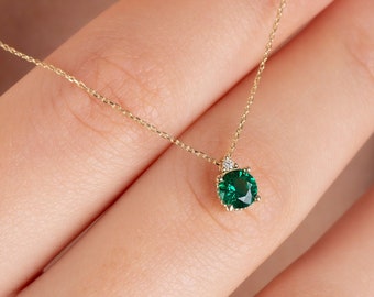 Real Diamond Round Emerald Necklace, 14K Solid Gold Minimalist, Birthstone Necklace,  Perfect Gift for Mother's Day - Girlfriend - Wife