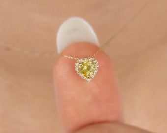 Collar de corazón de topacio amarillo de diamante real, oro macizo de 14 quilates, corazón de amor minimalista, regalo perfecto para el día de la madre - novia - esposa
