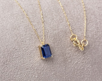 Rectangle Sapphire Necklace 14K Solid Gold, Minimalist Birthstone Rectangle Necklace, Perfect Gift for Mother's Day - Girlfriend - Wife