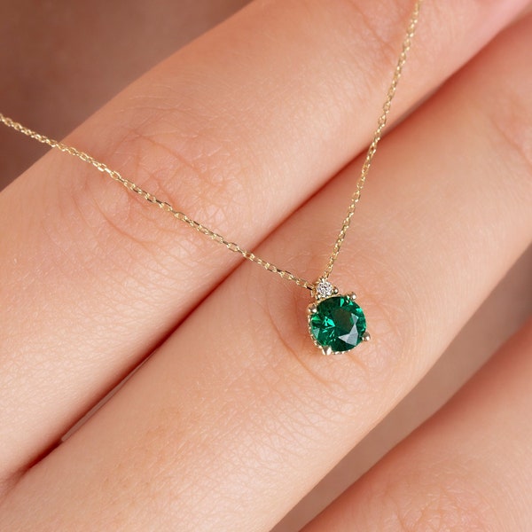 Real Diamond Round Emerald Necklace, 14K Solid Gold Minimalist, Birthstone Necklace,  Perfect Gift for Mother's Day - Girlfriend - Wife