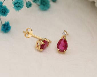 Ruby Real Diamond Drop Earrings, July Birthstone Studs, 14K 10K Solid Gold