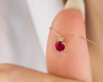 Ruby Necklace in 14K Solid Gold - Minimalist Real Diamond & Ruby Pendant, Perfect July Birthstone Gift for Mother's Day