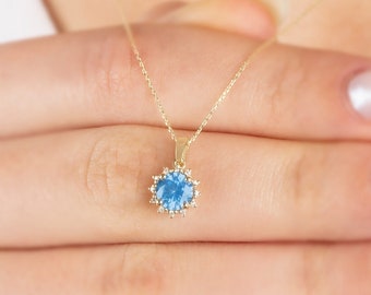 Aquamarine 14K Gold Necklace, Real Diamond Round Birthstone Necklace, Perfect Gift for Mother's Day - Girlfriend - Wife