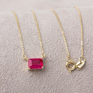 Horizontal Rectangle Ruby Necklace 14K Solid Gold, Minimalist Birthstone Double Link Rectangle Necklace, Perfect Gift for Mother's Day