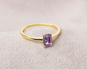 Rectangle Alexandrite Ring 14K Solid Gold, June Birthstone Real Gold Ring, Perfect Gift for Mother's Day - Girlfriend - Wife