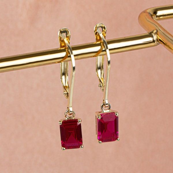 Dangle Rectangle Ruby Earring, 14K Solid Gold, Birthstone Daily Dangling July Jewelry, Perfect Gift for Mother's Day - Girlfriend - Wife