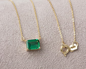 Horizontal Rectangle Emerald Necklace 14k Solid Gold, Birthstone Double Link Rectangle, Perfect Gift for Mother's Day - Girlfriend - Wife