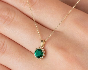 14K Solid Gold Emerald Necklace: Real Diamond Halo Pendant, May Birthstone