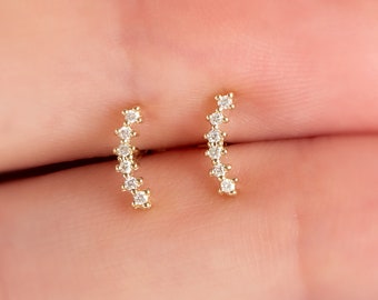 Sequenced Genuine Diamond Earrings, 14K Solid Gold, Gold Stud Earrings, Perfect Gift for Mother's Day - Girlfriend - Wife