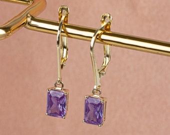 14K Solid Gold Alexandrite Earring, Dangle Rectangle Design, Birthstone Earrings, Perfect Gift for Mother's Day - Girlfriend - Wife