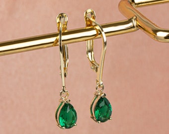 Dangle Drop Emerald Earring, 14K Solid Gold, May Birthstone Drop Emerald Earring, Perfect Gift for Mother's Day - Girlfriend - Wife