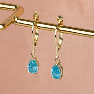 Dangling Drop Aquamarine Earrings, 14K Solid Gold,March Birthstone Drop Earring, Perfect Gift for Mother&#39;s Day - Girlfriend - Wife
