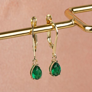 Dangle Drop Emerald Earring, 14K Solid Gold, May Birthstone Drop Emerald Earring, Perfect Gift for Mother&#39;s Day - Girlfriend - Wife