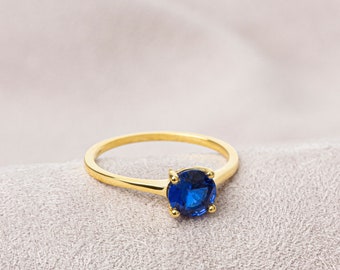 Round Sapphire Birthstone Ring 14K Solid Gold,  Perfect Gift for Mother's Day - Girlfriend - Wife