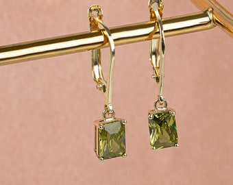 Dangle Rectangle Peridot Earring, 14K Solid Gold, Birthstone Gift Earrings, Perfect Gift for Mother's Day - Girlfriend - Wife