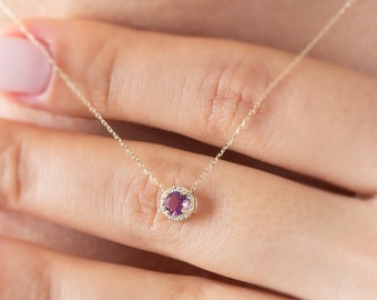 14K Solid Gold Alexandrite Necklace: June Birthstone Real Diamond Halo
