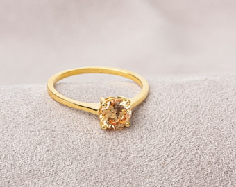 Round Citrine Ring 14K Solid Gold, Birthstone Ring, Nowember Birthstone Jewelery, Perfect Gift for Mother's Day - Girlfriend - Wife