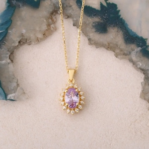 14K Solid Gold Oval Alexandrite Necklace: June Birthstone Real Diamond Pendant