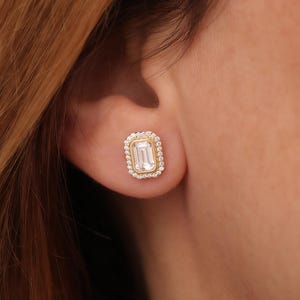 White Topaz Real Diamonds Halo Rectangle Stud Earrings, Bezel 14K Solid Gold Jewelry, April Birthstone, Wedding Gift, Bride Jewelry