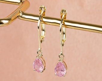 14K Solid Gold Pink Tourmaline Drop Earring - Dangling October Birthstone Earrings & Perfect Gift for Mother's Day - Girlfriend - Wife