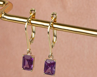 Dangle Rectangle Amethyst Earring, 14K Solid Gold, Birthstone Dangling Daily Earring, Perfect Gift for Mother's Day - Girlfriend - Wife