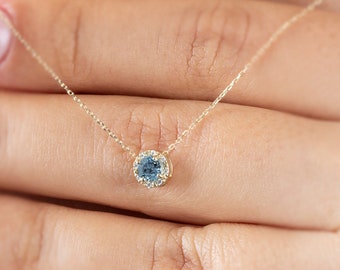 Real Diamond Blue Topaz 14K Solid Gold Necklace, Minimalist Round Birthstone Necklace, Perfect Gift for Mother's Day - Girlfriend - Wife