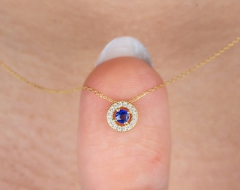 Real Diamond Surrounded Sapphire Circle Necklace, 14K Solid Gold, Birthstone Necklace, Perfect Gift for Mother's Day - Girlfriend - Wife