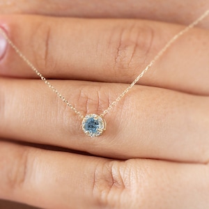 Real Diamond Blue Topaz 14K Solid Gold Necklace, Minimalist Round Birthstone Necklace, Perfect Gift for Mother&#39;s Day - Girlfriend - Wife