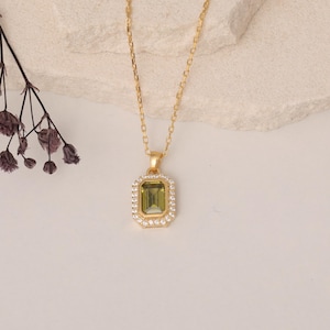 Peridot Real Diamond Halo Necklace: 14K Solid Gold August Birthstone Pendant