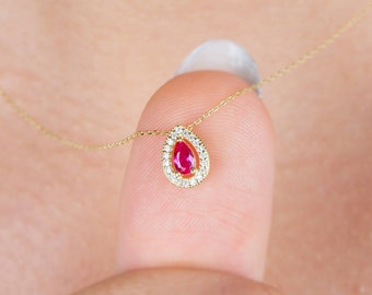 Real Diamond Surrounded Ruby Drop Necklace, 14K Solid Gold, Birthstone Red Ruby Teardrop, Perfect Gift for Mother's Day - Girlfriend - Wife