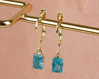 Aquamarine Earring Dangle, 14K Solid Gold Rectangle Drop, Birthstone Gift, Everyday Wear, Perfect Gift for Mother's Day, Girlfriend, Wife