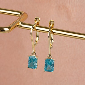 Aquamarine Earring Dangle, 14K Solid Gold Rectangle Earrings,Birthstone Gift, Everyday Wear, Perfect Gift for Mother&#39;s Day, Girlfriend, Wife