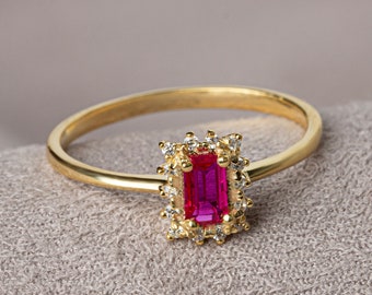 Rectangular Cut Ruby Ring with Real Diamonds 14K Solid Gold, Rectangular Ruby Ring, Perfect Gift for Mother's Day - Girlfriend - Wife