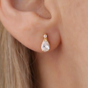 14K Solid Gold White Topaz Real Diamond Earrings, Elegant Solitaire Drop Studs, Perfect April Birthday or Mother&#39;s Day Gift for Her