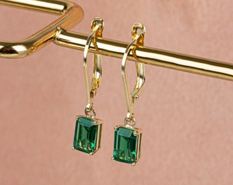 Dangle Rectangle Emerald Earring, 14K Solid Gold Birthstone Emerald Earring, Perfect Gift for Mother's Day - Girlfriend - Wife