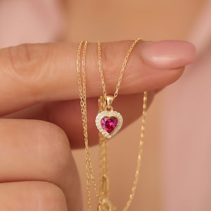 Lünette Herz Rubin Halskette, 14K Solid Gold Rubin Anhänger, Echte Diamant Halo Charme, Valentinstag Geschenk, Juli Birthstone Schmuck, Liebhaber Geschenk