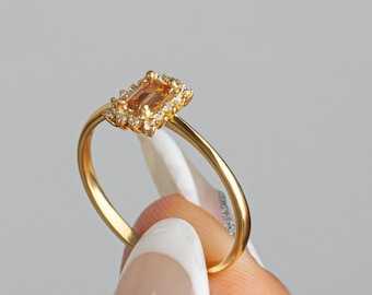 Real Diamond Rectangular Citrine Ring 14K Solid Gold, Birthstone Gift Ring, Perfect Gift for Mother's Day - Girlfriend - Wife